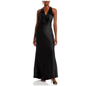 AQUA Satin Backless Deep V-Neck Sleeveless Long Evening Gown Black Size 14 Dress